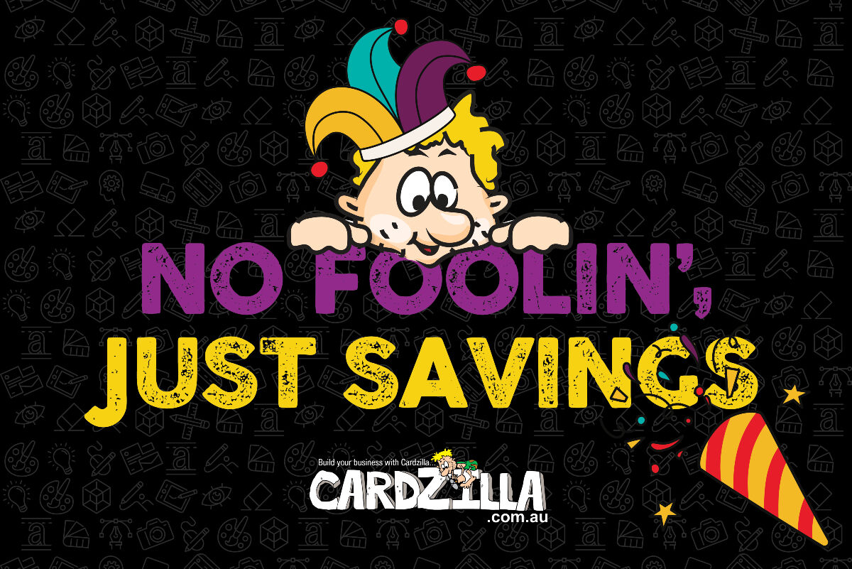Caveman in jester hat resting on no foolin just savings text